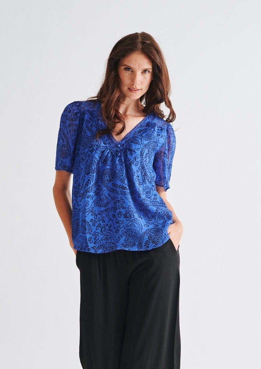 V Neck Blouse with Fine Floral Print In Electric Blue - Tribute StoreTRIBUTE