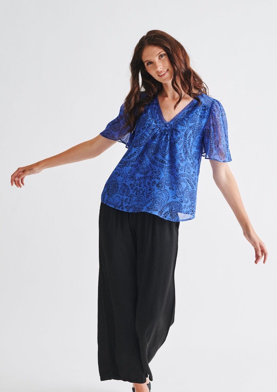 V Neck Blouse with Fine Floral Print In Electric Blue - Tribute StoreTRIBUTE