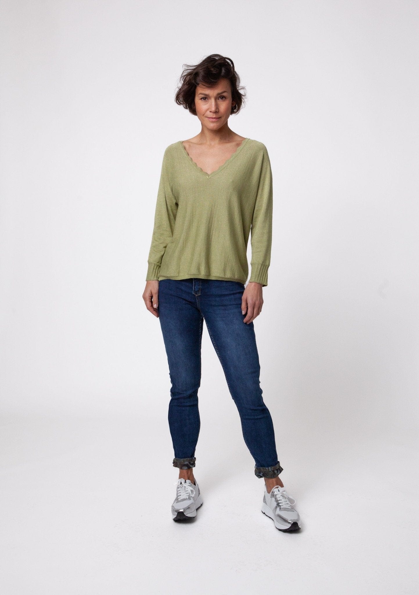V Neck Lurex Knit with Scalloped Edge in Olive - Tribute StoreTRIBUTE